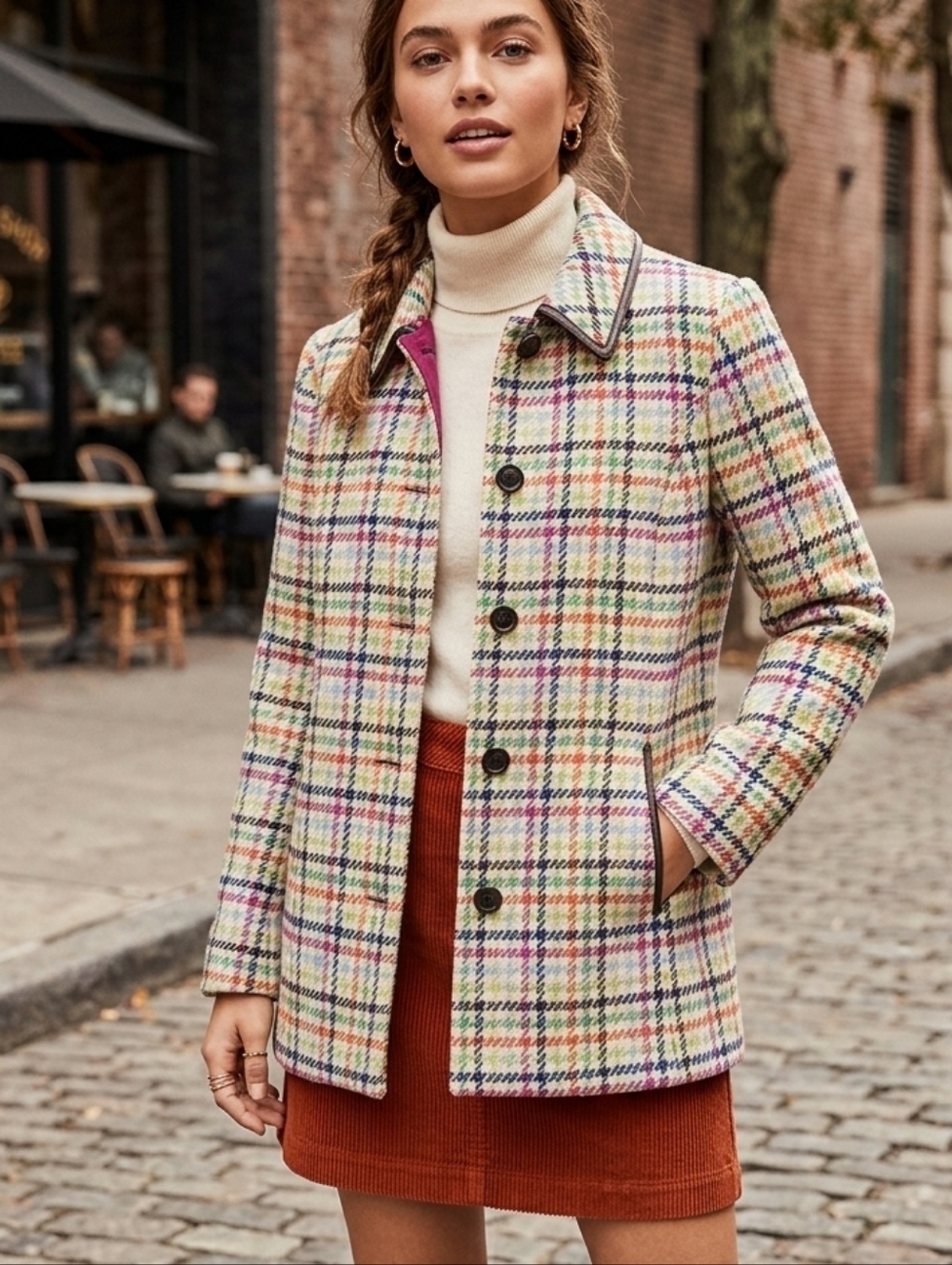 Coach Tattersall Hampton Tweed Plaid Rainbow Houndstooth Wool Pea Coat Jacket M